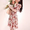 Aライン花柄フリルワンピース 半袖 M